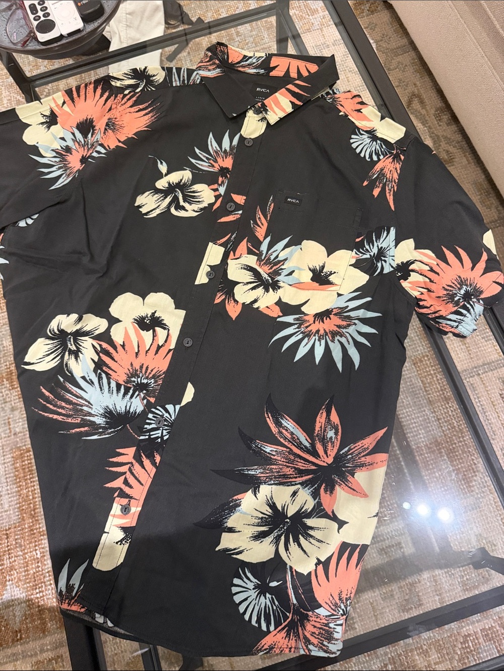 RVCA Black Short-Sleeve Floral Button-Up Shirt with Coral and Cream Blooms